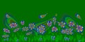 Vector image with rainbow colored flowers and flying butterflies on a green background. Royalty Free Stock Photo